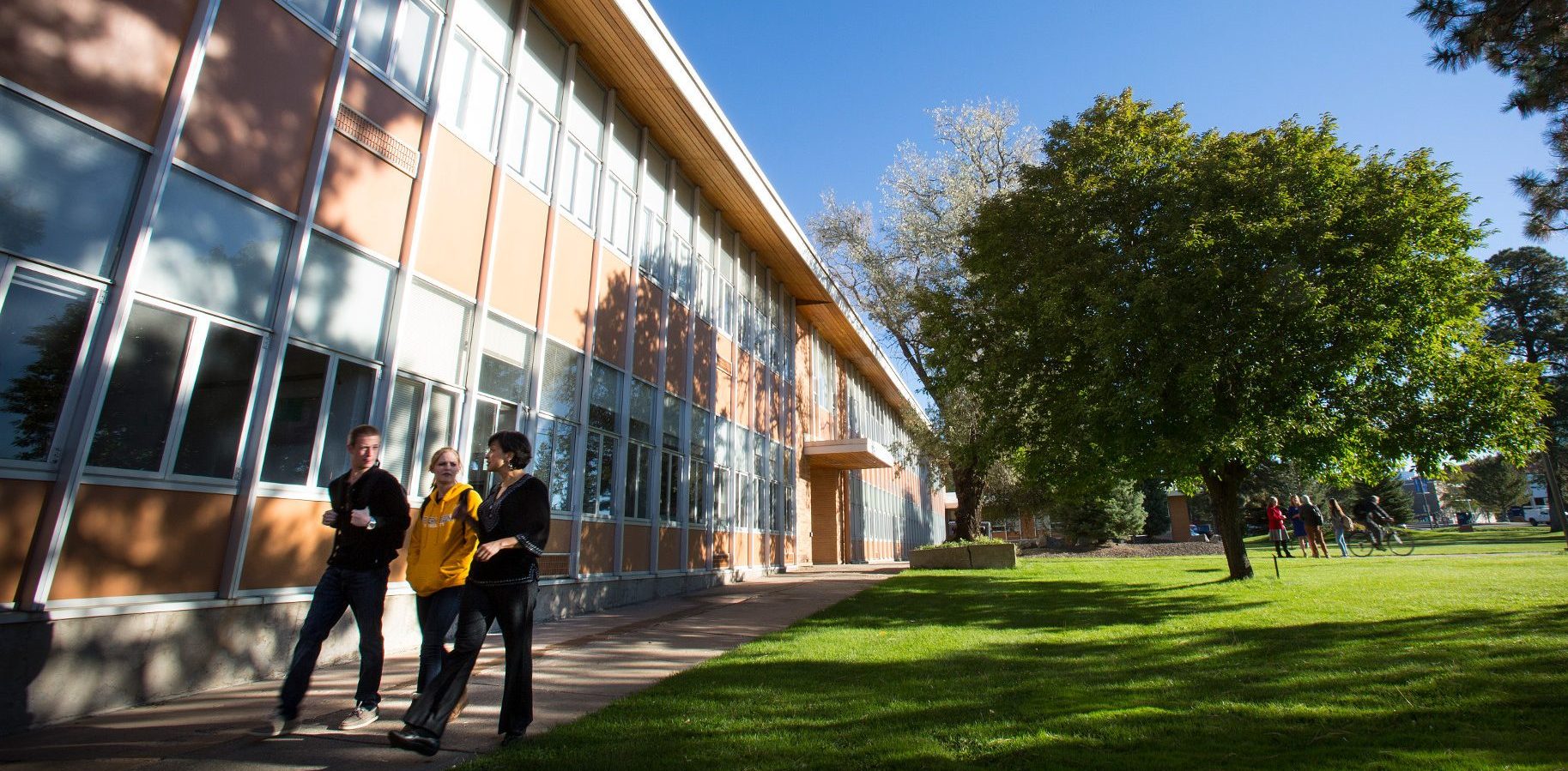 Student and professor walking together on campus.