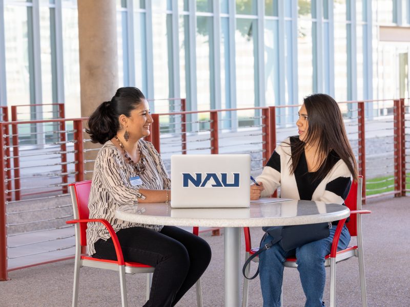 Student with faculty on laptop.