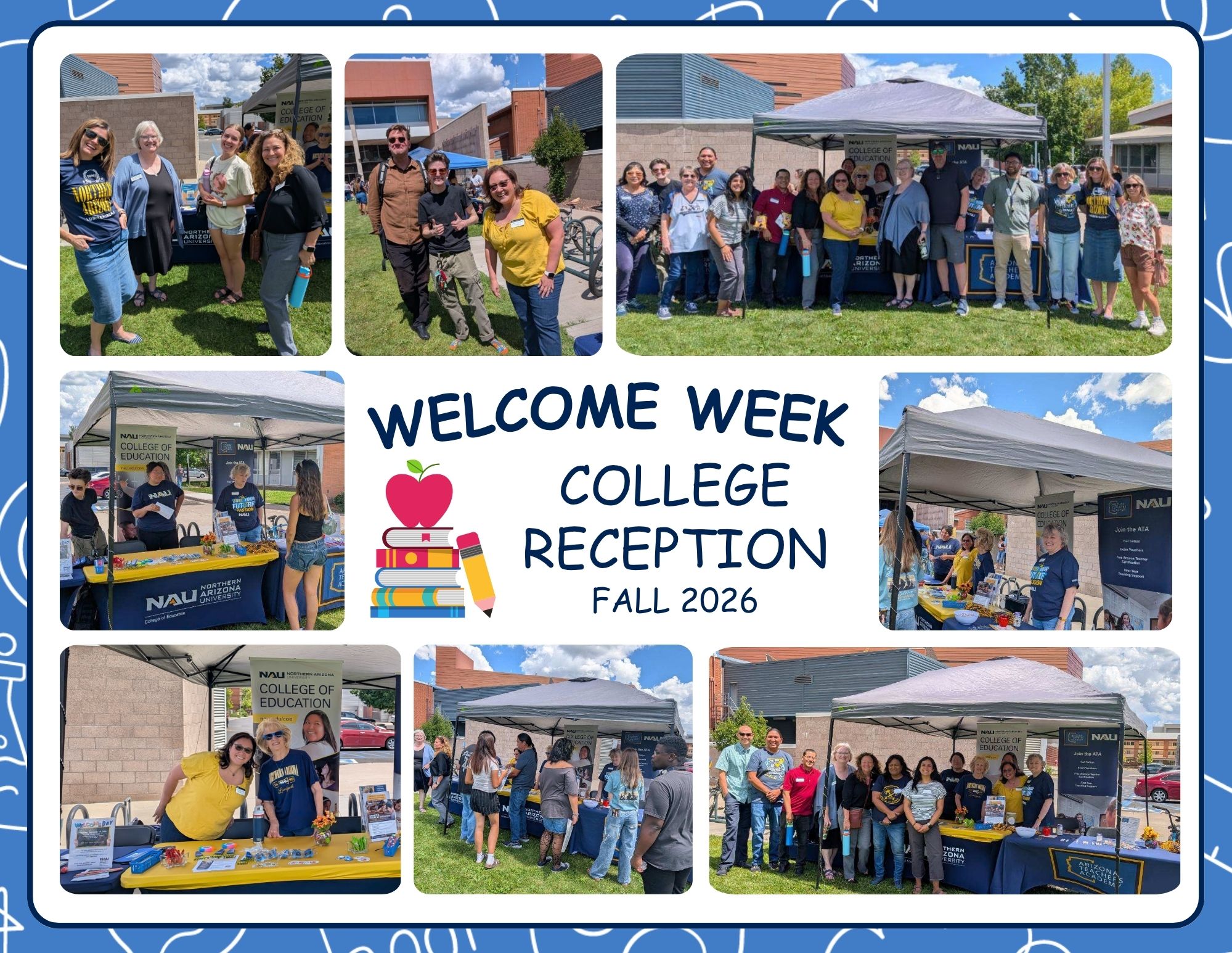 Photo collage from the College of Education’s Fall 2026 Welcome Week reception. Faculty, staff, students, and colleagues gather outdoors on campus around College of Education information tables and tents. Images show attendees talking, posing together, exploring resources, and connecting with members of the college community. The center reads “Welcome Week College Reception, Fall 2026” alongside an illustration of an apple, books, and a pencil.