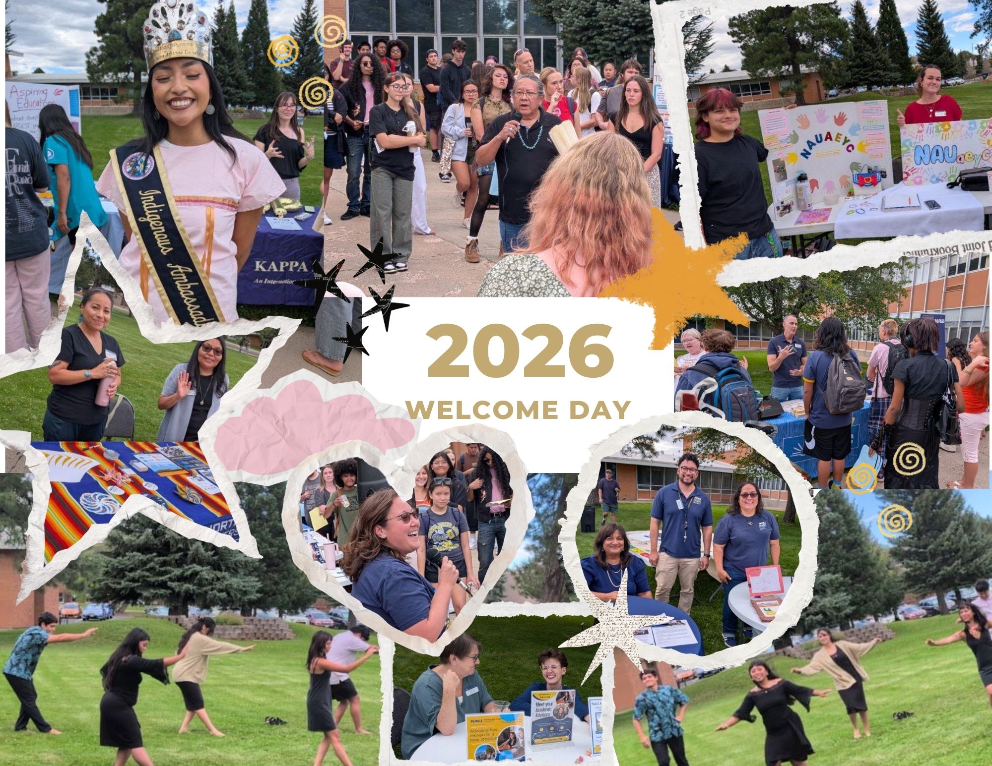 Collage of scenes from the 2026 COE Welcome Day, including students and staff visiting organization and resource tables, talking together on the Eastburn Front Lawn, and participating in group activities.