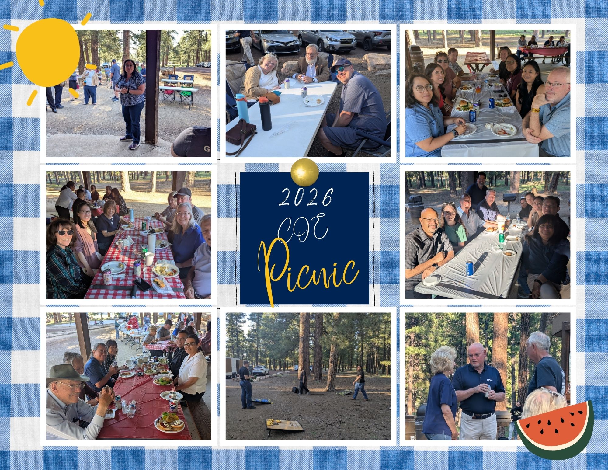 Photo collage from the 2026 College of Education picnic in a wooded outdoor setting. Faculty, staff, and colleagues gather around picnic tables to share a meal, visit with one another, and enjoy informal activities, including a cornhole game. Groups smile for photos and converse beneath tall pine trees. A blue-and-white picnic-checkered border, sun graphic, watermelon illustration, and central “2026 COE Picnic” title reinforce the casual community gathering theme.