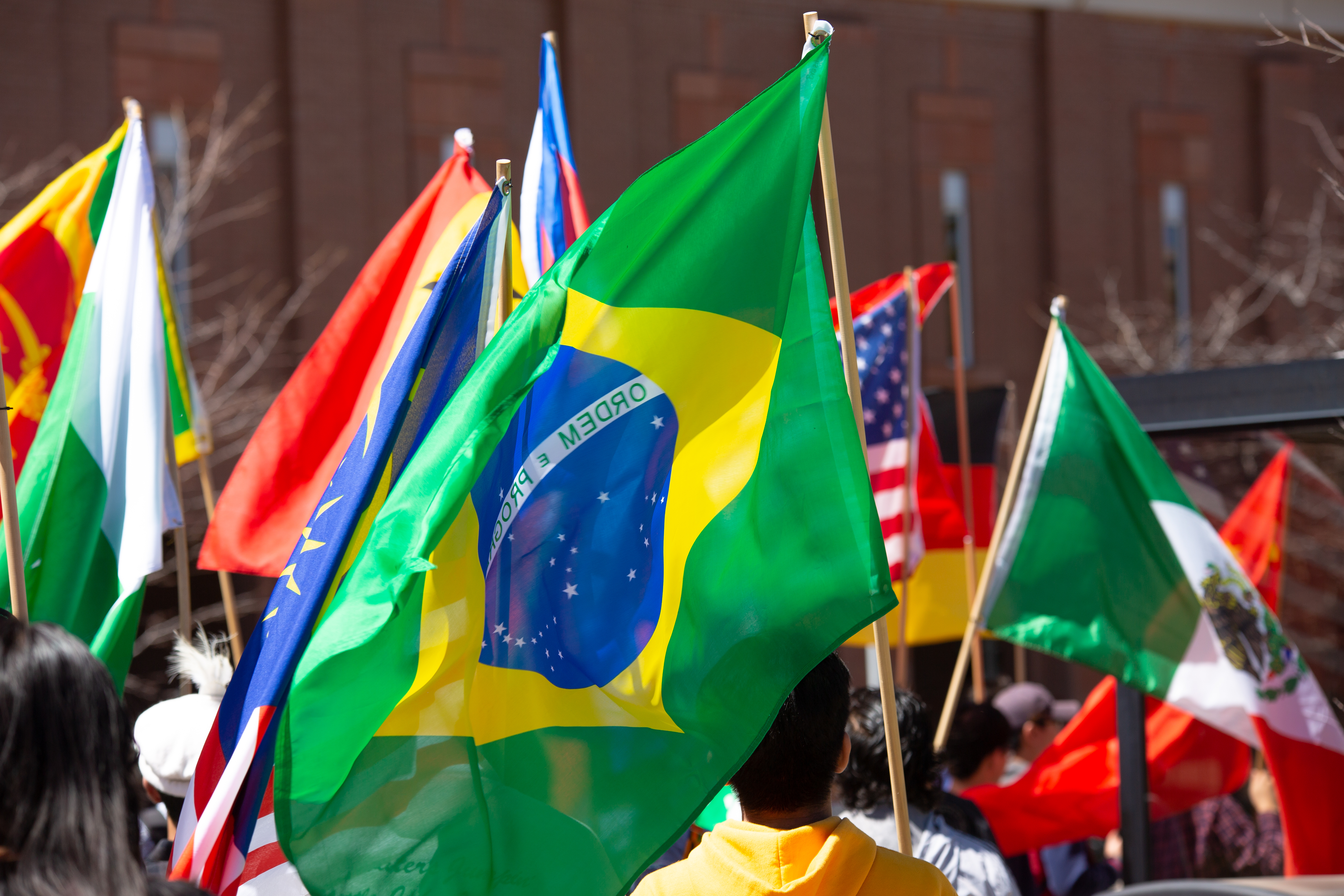 Students wave international flags.