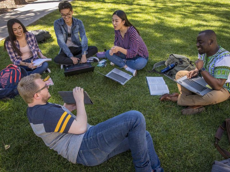 Group of people sitting in grass area, using laptops and taking notes, backpacks nearby.