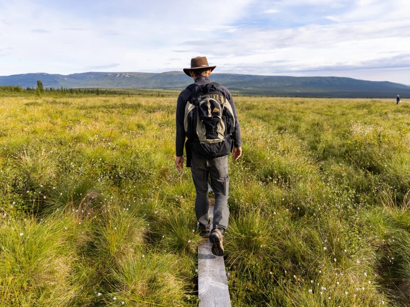 Man walking through grass.