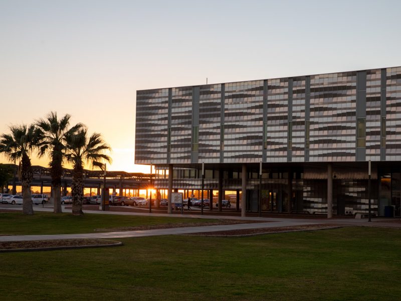 N A U–Yuma building at sunset.
