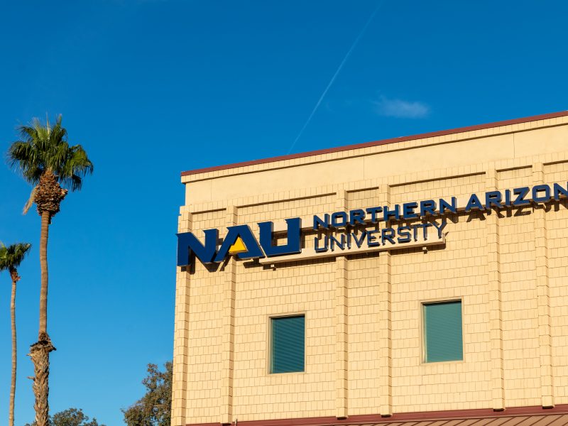 Yuma campus building with blue sky and palm trees in the background.