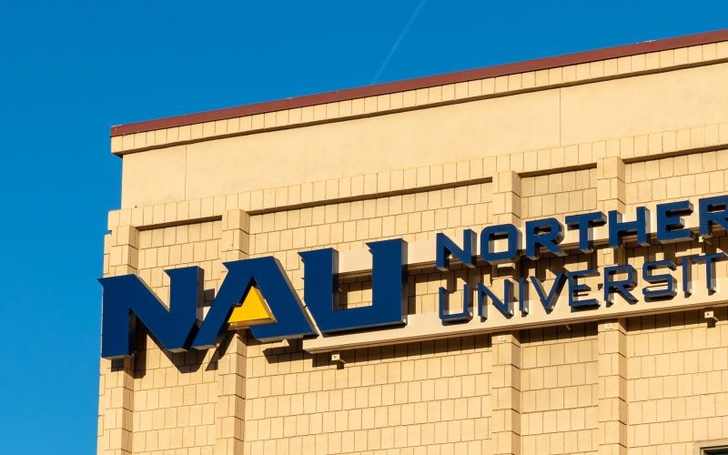Yuma campus building with blue sky and palm trees in the background.