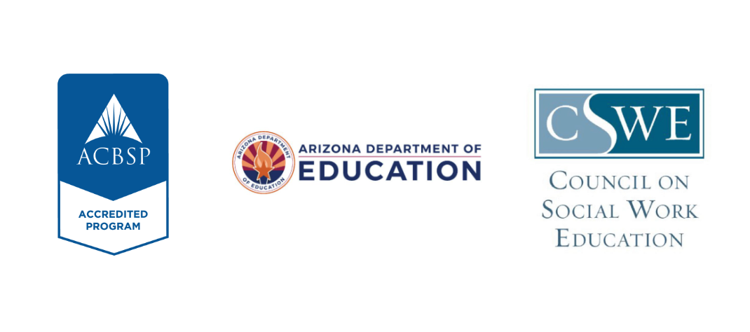 Logos of N A U&ndash;Yuma accreditations: C S W E, A C B S P, and the A Z Dep of Education
