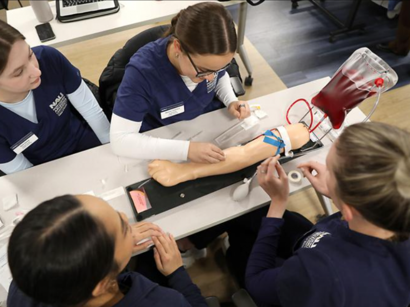 Nursing students practicing placing IVs into a practice arm.