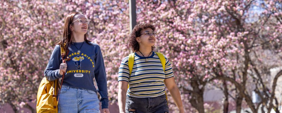 Two young people walking together outdoors beneath blooming pink cherry blossom trees. The person on the left wears a navy blue university sweatshirt with a yellow backpack and light blue jeans. The person on the right wears a striped yellow and black short-sleeved shirt and dark shorts. Both are wearing sunglasses and walking on a paved path with flowering trees in full bloom in the background.
