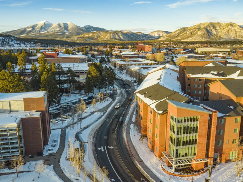 Bird's eye view of N A U Flagstaff campus in the winter.