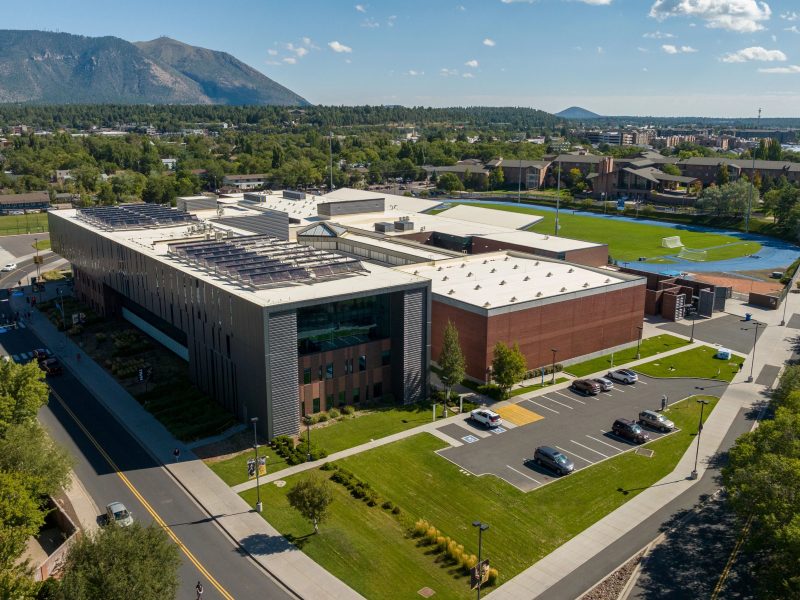 Drone shot of campus buildings in Flagstaff.