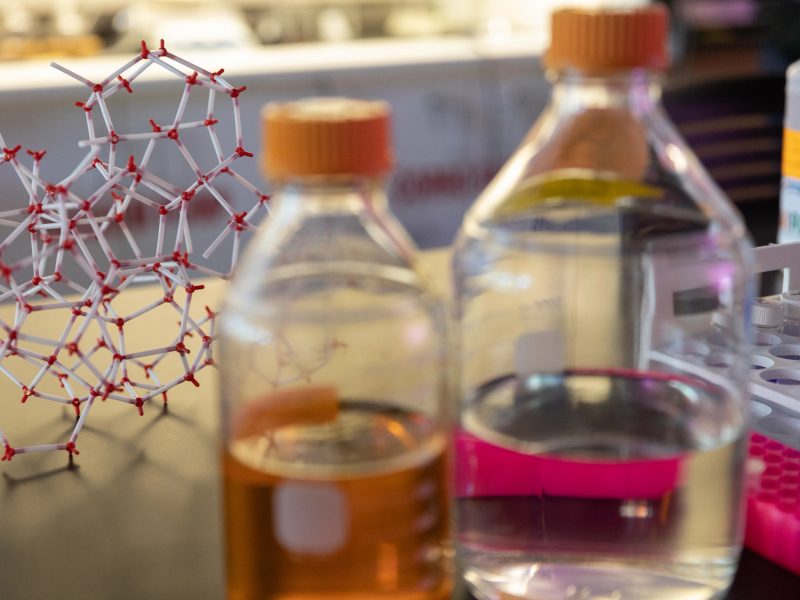 Closeup of bottles and lab equipment from the MIRA lab.