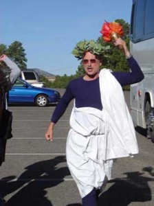 David Bousquet in a toga