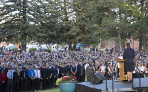 Rita Cheng delivers a speech to grieving Lumberjacks