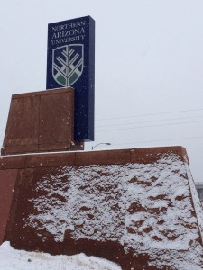 NAU snow covered sign
