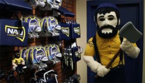 Louie the Lumberjack with NAU gear hanging on wall