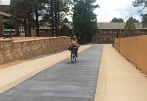 New pedway design featuring a dark gray concrete bike lane running between two lighter gray pedestrian pathways.