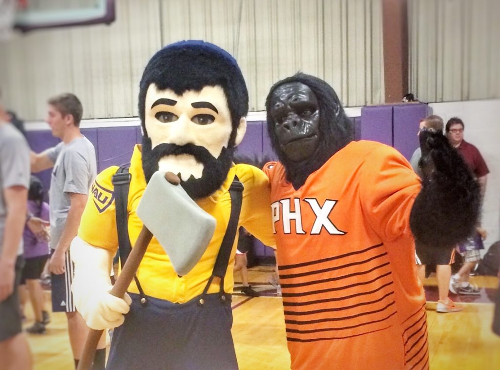 NAU Louie the Lumberjack with Suns Gorilla