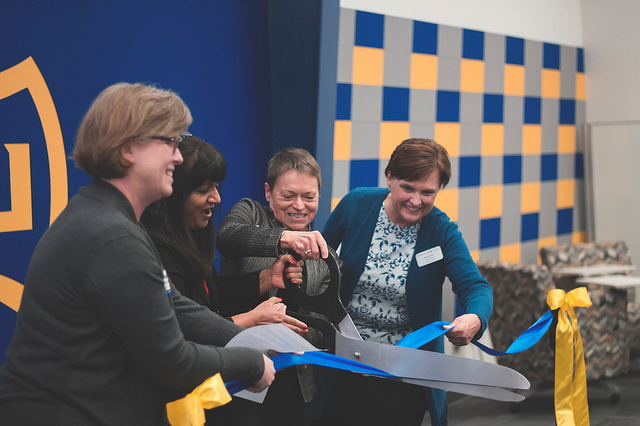 President Rita Chang and COE faculty cut the ribbon to the new classroom