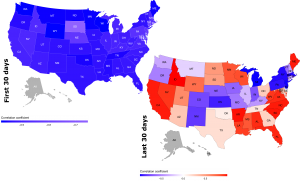 Graphic showing the relationship between traffic and COVID-19 cases on a state-by-state comparison