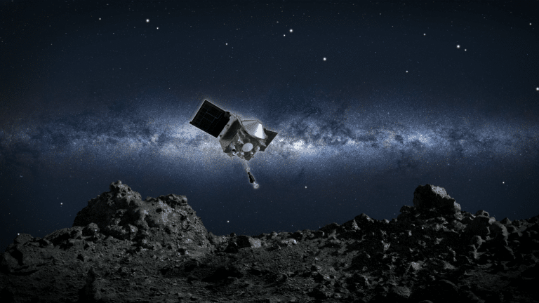 OSIRIS-REx Spacecraft collecting a sample of Bennu