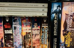 A stack of books on a bookshelf
