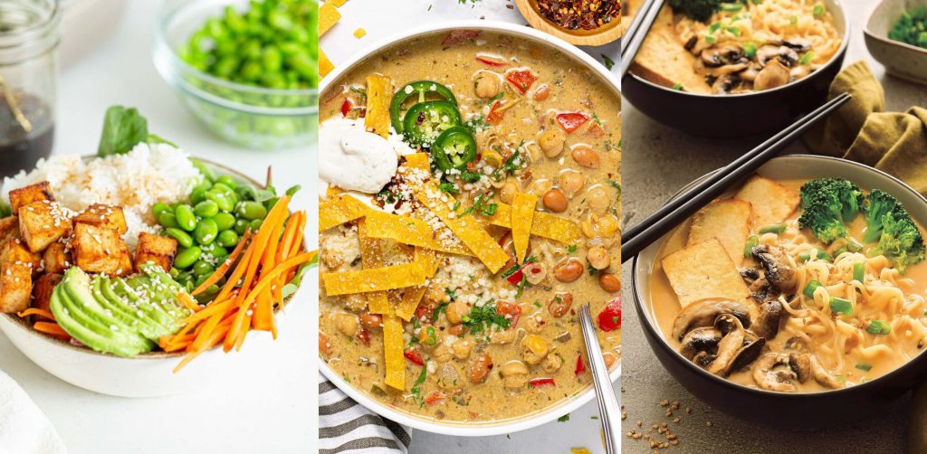 three different bowls of food