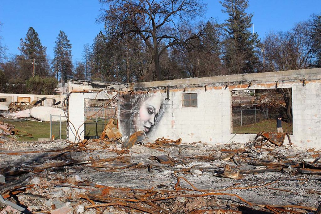 A damaged building after the Camp Fire