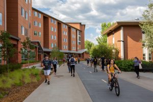 Students walking and biking on pedway