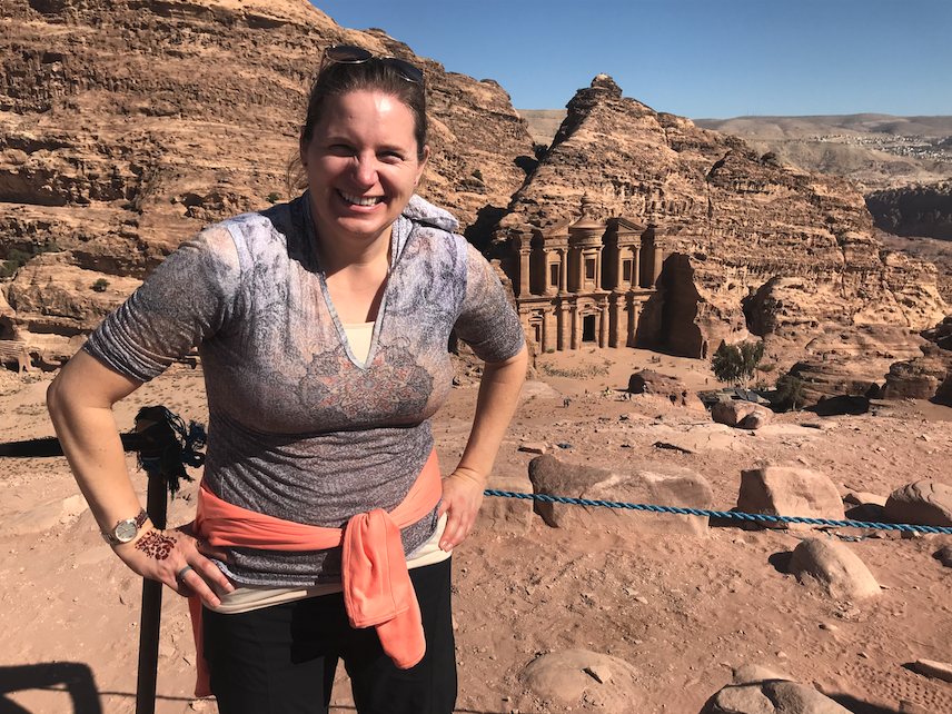 Heidi Toth standing in front of the Monastery in Petra, Jordan