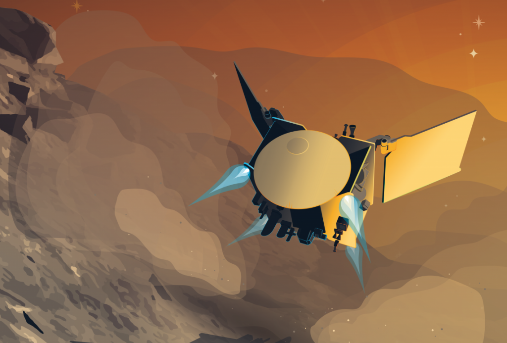 Artist’s rendering of the OSIRIS-APEX spacecraft firing thrusters near the surface of the asteroid Apophis.