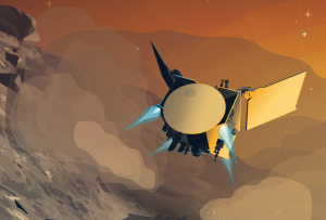 Artist’s rendering of the OSIRIS-APEX spacecraft firing thrusters near the surface of the asteroid Apophis.
