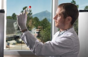Jason Ladner looks at material in a test tube