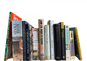A collection of books standing up, including Mark Twain, Jane Eyre, LIttle Women and How the Grinch Stole Christmas