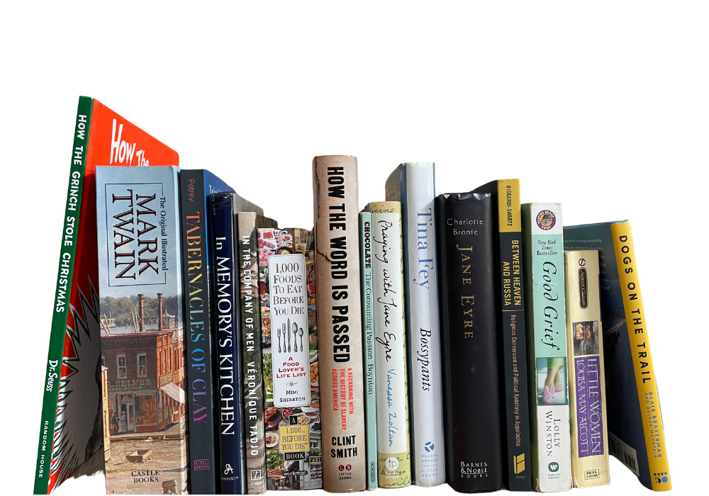 A collection of books standing up, including Mark Twain, Jane Eyre, LIttle Women and How the Grinch Stole Christmas