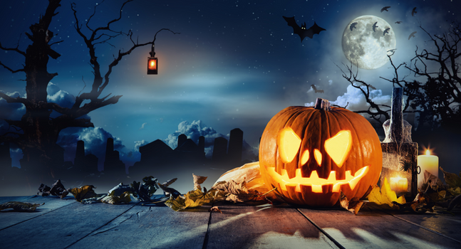 A spooky image with a bat, a leering jack-o-lantern and an eerie, abandoned town in the distance, with a full moon overlooking it all.