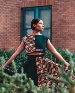 Monika Damron in an Indigenous fashion dress