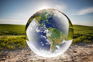 A globe with a field in the background
