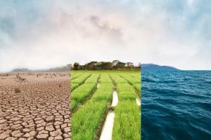 A collage of desert land, farmland and ocean
