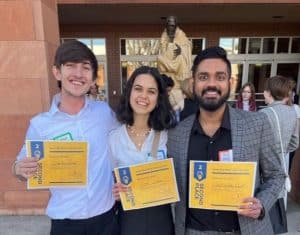Team Dew Drop from left to right Dimitrius Bozhor, Zoe Darshan. Jay Khunt holding second place prize certificates.