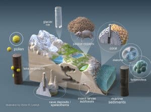 Graphic that shows: "Natural archives on land and in the ocean contain evidence of past temperature changes. These include biological, chemical and physical indicators (proxies) preserved in a variety of settings that extend back for thousands of years."
