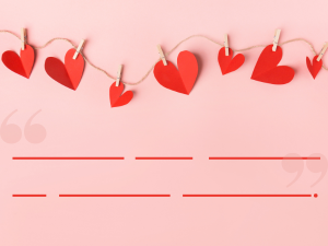 Hearts hanging on a bullet board with spaces for six words