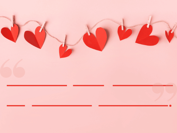 Hearts hanging on a bullet board with spaces for six words
