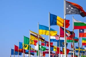 Flags on blue sky, Leipziger Messe, Leipzig, Germany