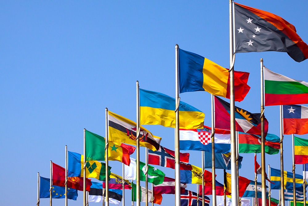Flags on blue sky, Leipziger Messe, Leipzig, Germany