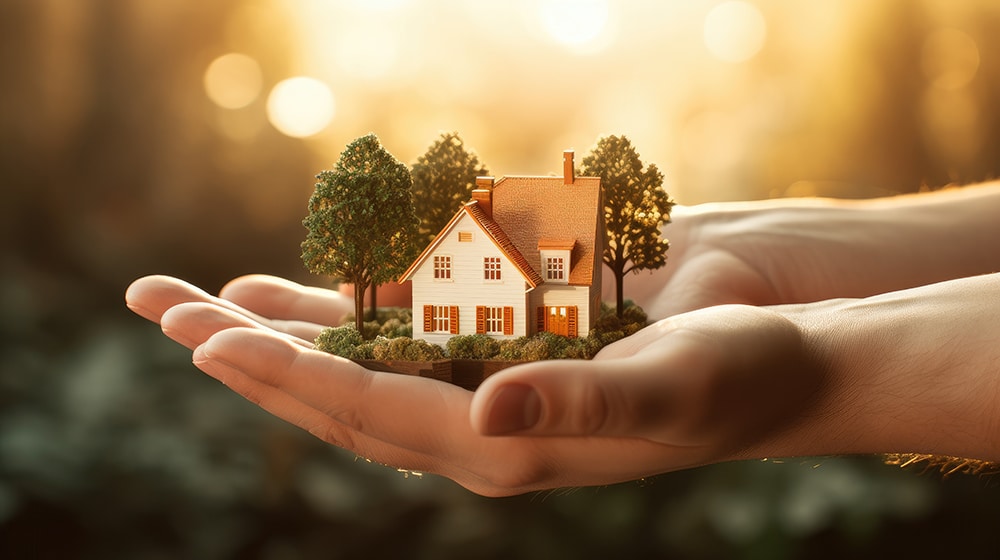 A small house with trees held in two outstretched palms.