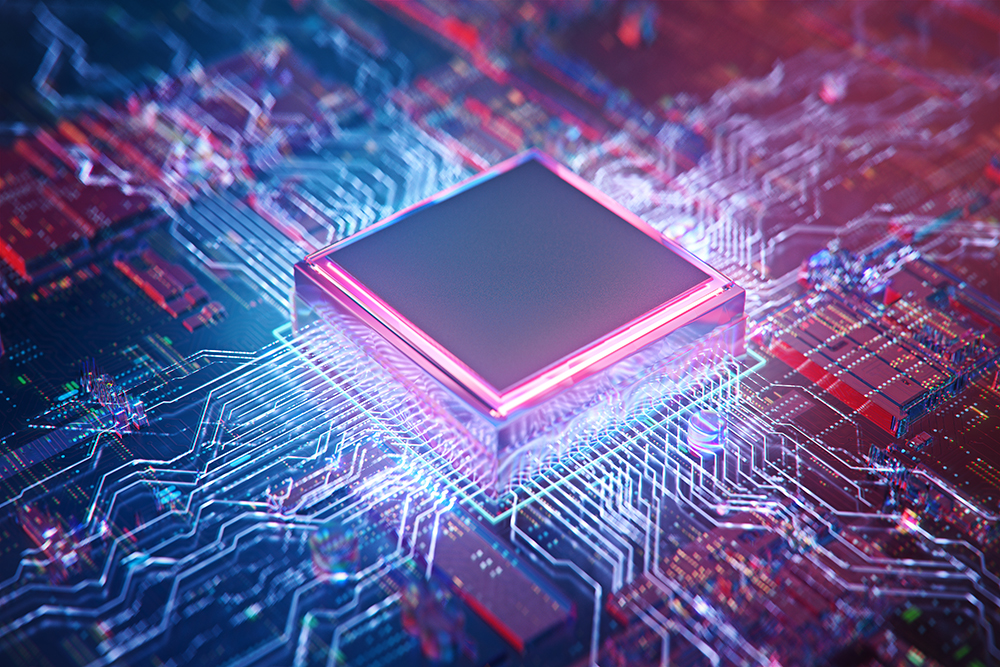 A graphic image of a computer chip