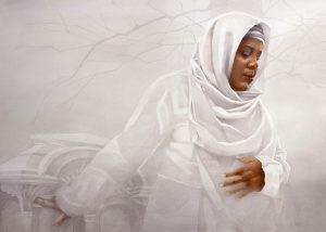 Painting of Black woman wearing white robes that cover her body and head, revealing only her face and hands. The background includes white stone work and the faint gray silhouette of a tree.
