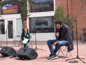 Micaela Merryman interviewing Tongo Einsen-Martin at the Northern Arizona Book Festival.